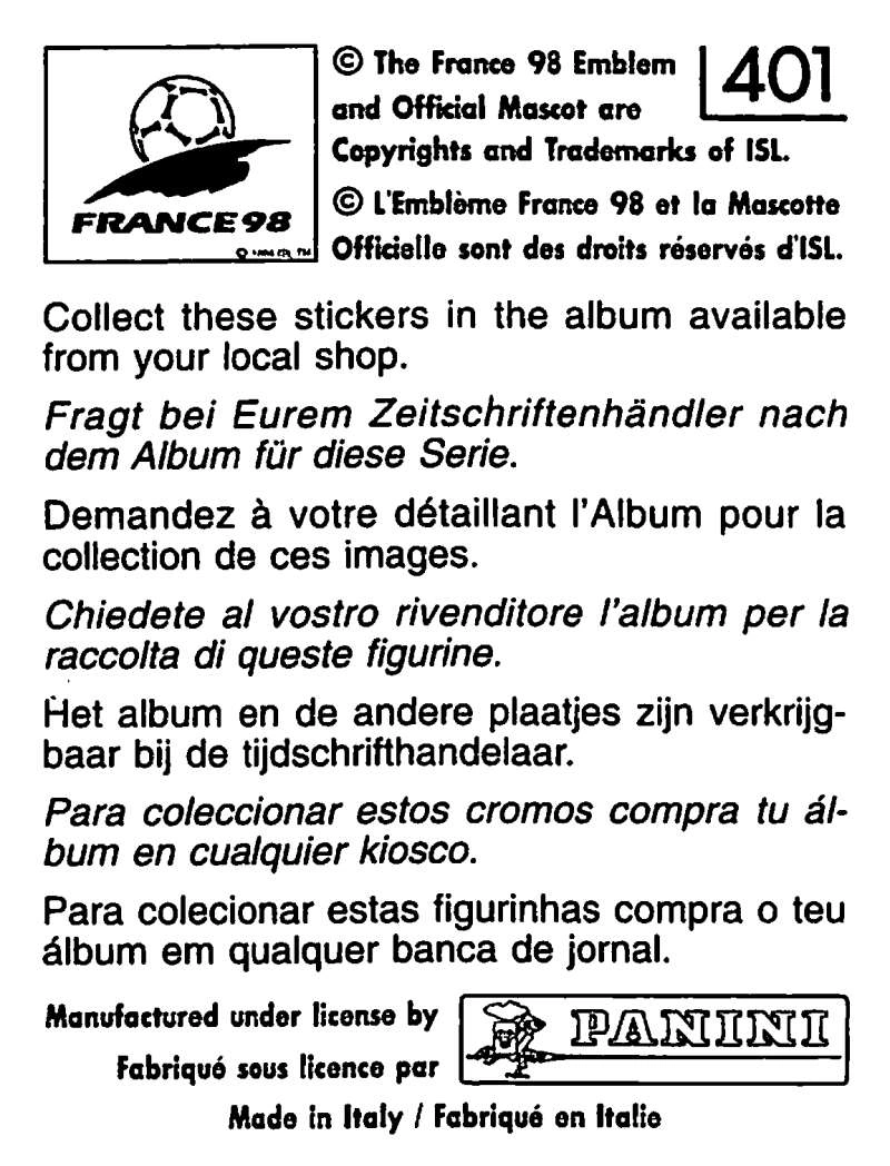 France 98 Panini sticker back, number 33, with multilingual album information